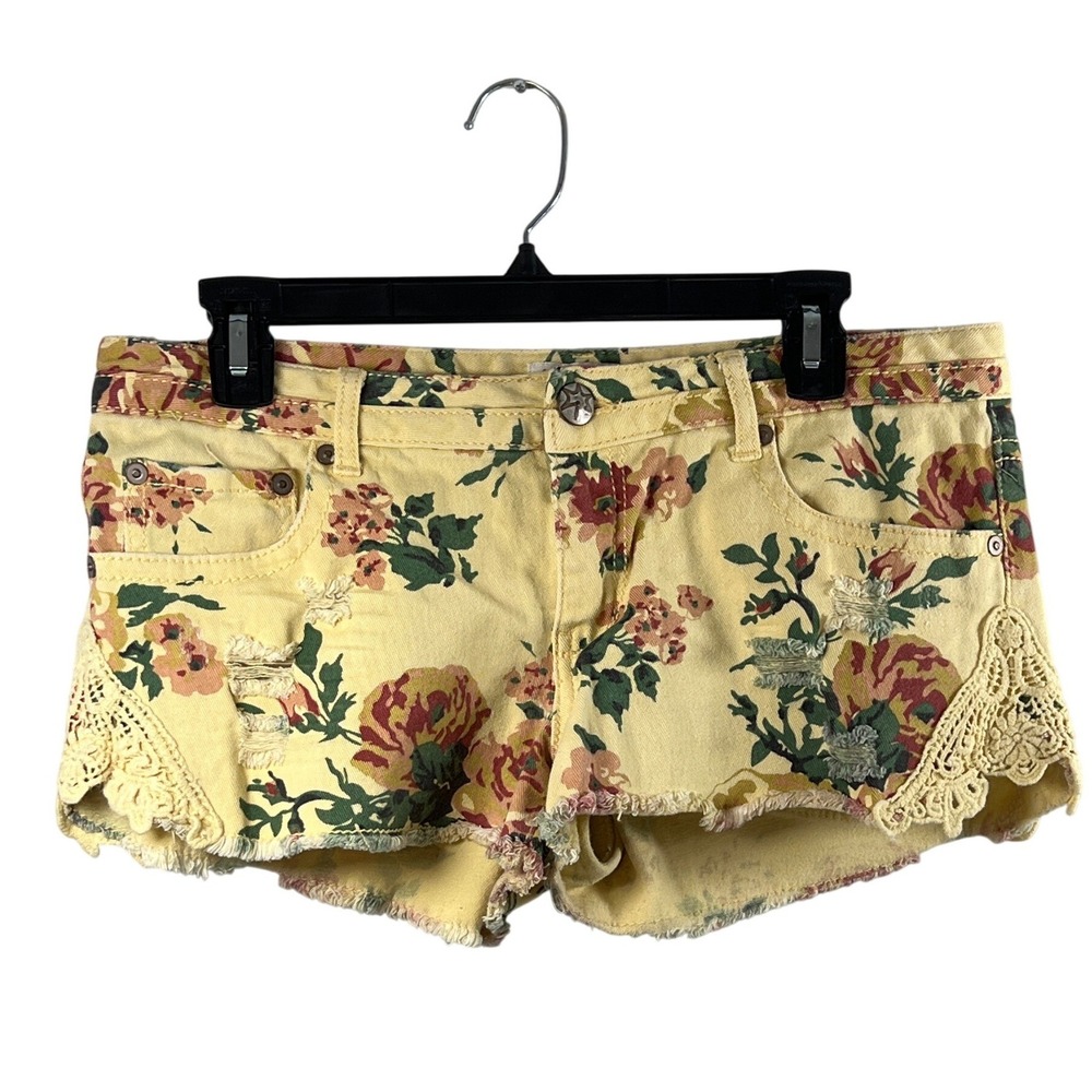 Mudd Vintage Y2K Pastel Yellow Floral Micro‎ Mini Mid Rise Shorts Grannycore 13